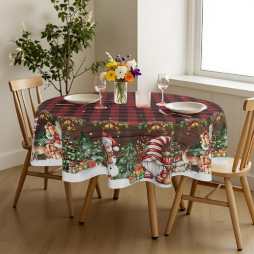 Granbey Christmas Santa Snowman Buffalo Plaid Round Tablecloth 60"