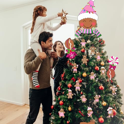 Hungdao Pastel Pink Gingerbread Man Christmas Tree Topper & Ornaments Set