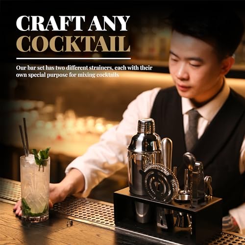 MixMate 15-Piece Cocktail Bar Set with Stand - Silver & Black Home Mixology Kit