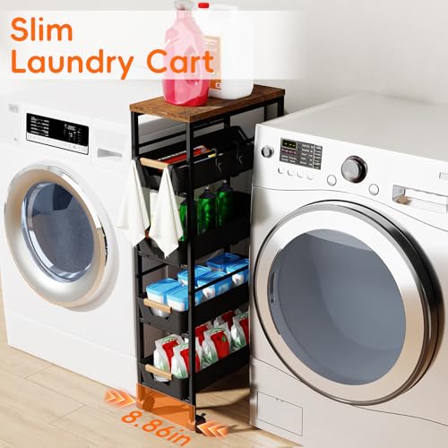 5-Tier Slim Rolling Storage Cart with Wooden Top and Pull-Out Baskets