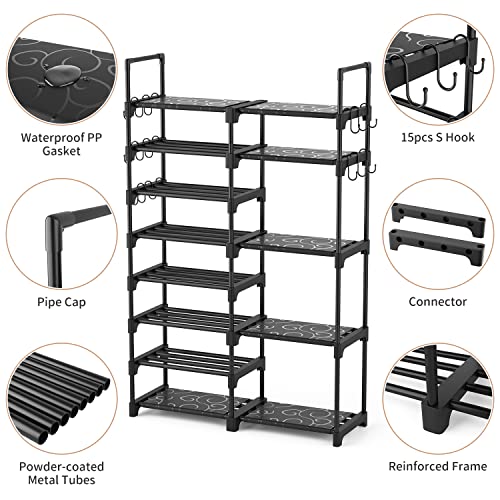 8-Tier Metal Shoe Rack Organizer, Stackable Storage Shelf with 15 Hooks