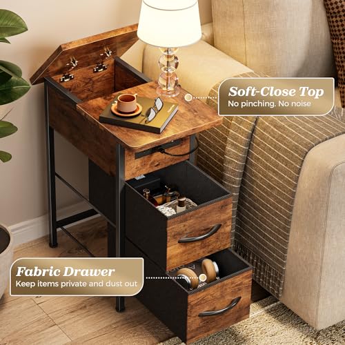 Narrow End Table with Charging Station, 2 Drawers & Flip-Top Storage