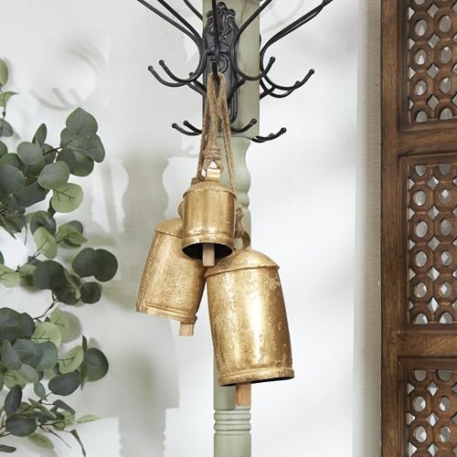 Rustic Gold Metal Cow Bells Set of 3 - Hanging Wall Decor with Jute Rope