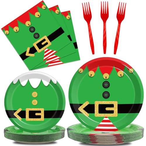 Elf Christmas Party Plates & Napkins Set (96Pcs) - Includes 24 Dinner Plates, 24 Dessert Plates, 24 Napkins & 24 Forks (Variation: Elf) - KEPEEL