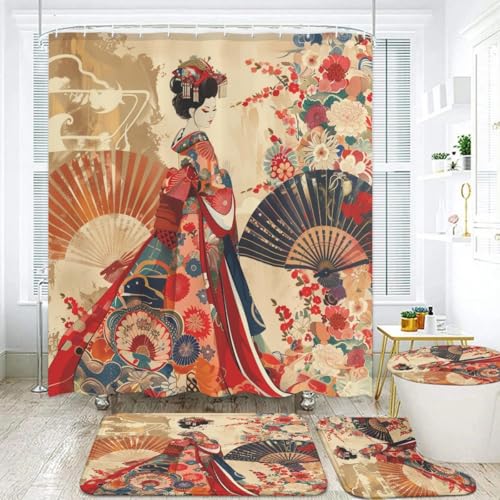 Japanese Geisha 4-Piece Bathroom Set with Shower Curtain & Bath Mat