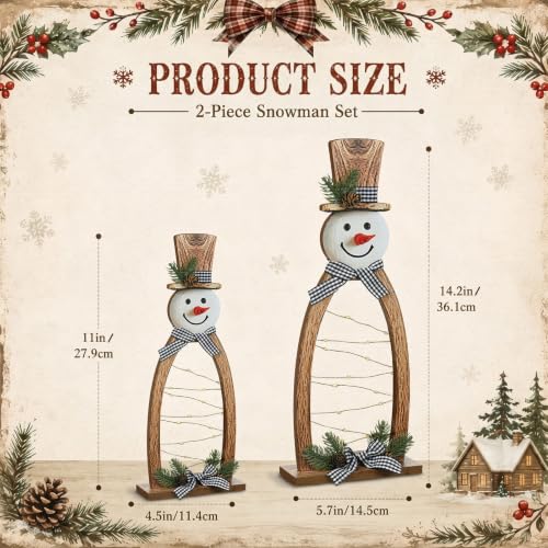 Christmas Snowman Decor Set with LED Lights - Rustic Wooden Tabletop Holiday Figurines