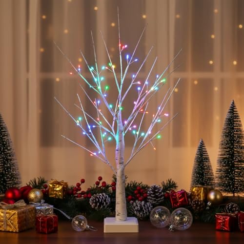 White Birch Tree with 72 RGB LED Lights & Remote - Indoor Christmas & Holiday Decor - 2ft Spirit Twinkling Tree