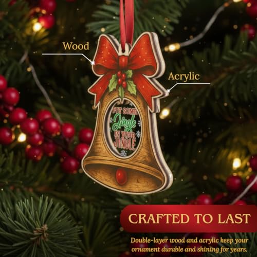 Bell Ornaments for Christmas Tree - Double Layer Wood & Acrylic 3D Bell, Rustic Keepsake Gift