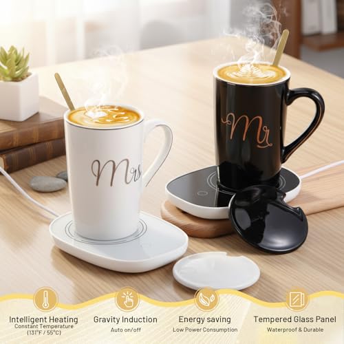Mr & Mrs Coffee Mug Warmer Set - 14oz Ceramic Cups in Black & White (2 mugs, 2 warmers, 2 lids, 2 spoons) by Acellegic