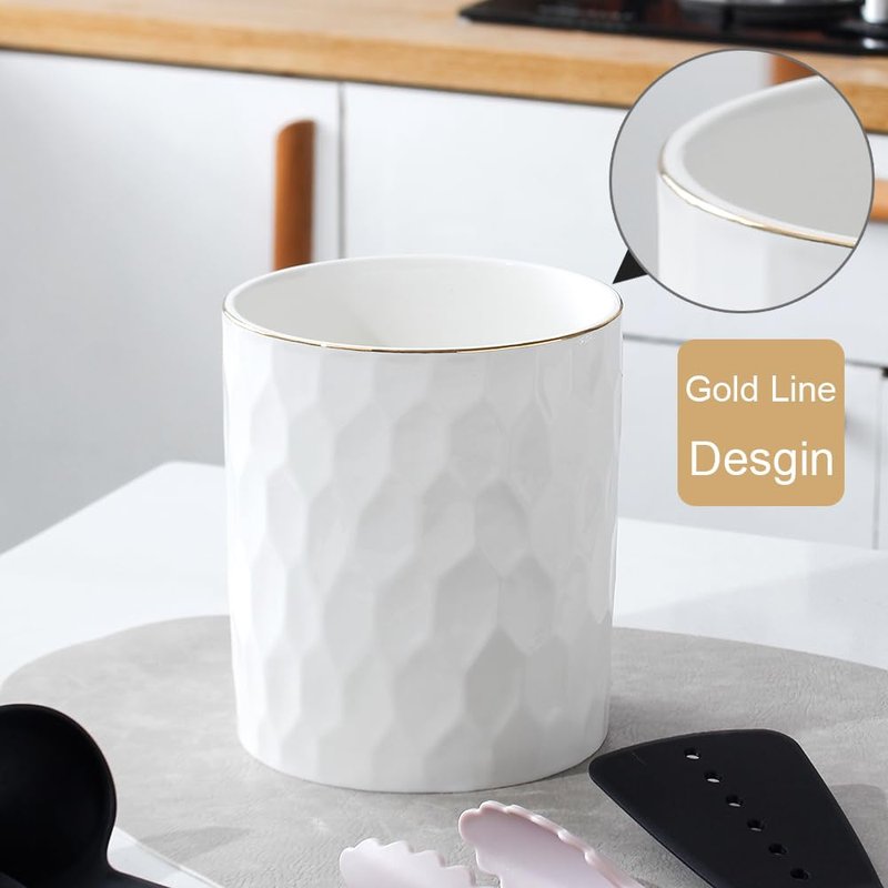 YOSCO Kitchen Utensil Holder, Large Ceramic Cooking Utensil Holder with Gold Line Modern Utensil Crocks (W6.1” x H7.2”) for Kitchen Counter-Farmhouse, Housewarming Gift (White-7.2 INCH)