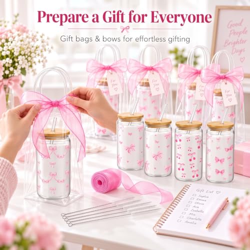 Mumufy 16 Sets Pink Bow Glass Cups with Lids & Straws Coquette Style