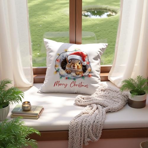 DEQSX Funny Christmas Squirrel Pillow Cover 18x18in, Santa Hat & Lights, 06color