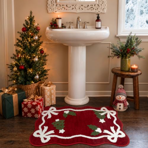 Uphome Christmas Bow Red Scalloped Bathroom Rug 22x36 - Non Slip Holiday Bath Mat