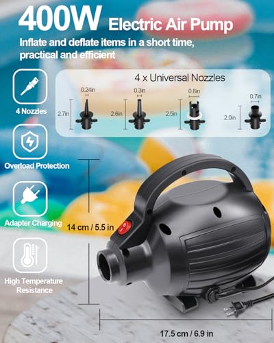 Electric Air Pump for Inflatables - 400W Quick Fill Inflator/Deflator with 4 Nozzles