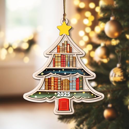 Book Tree 2-Layer Wooden Christmas Ornament – Bookworm Gift for Women, Teachers & Librarians (Variation: Book Tree 2 Layer)