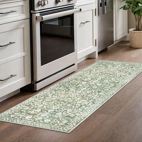 Washable Vintage Floral Runner Rug 2x6 Non-Slip Sage Green Beige