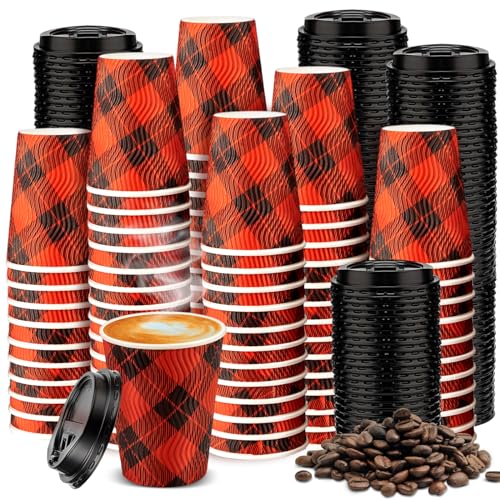 Maxcheck 100 Pack Christmas Cups with Lids 12 oz Red Black Buffalo Plaid Holiday