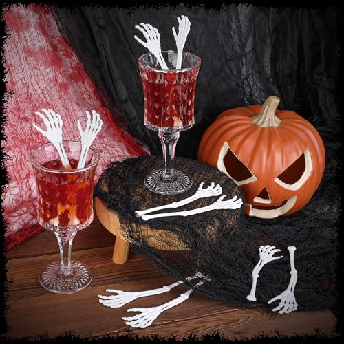 RunNico 25 Pcs Halloween Skeleton Cocktail Stir Sticks - Reusable Skeleton Hand Swizzle, Party Drink Decor