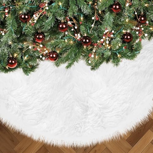 48-Inch White Faux Fur Christmas Tree Skirt - Plush Nordic Snow White