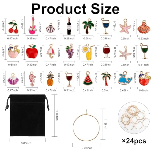 Beach Wine Glass Charms Set - 24 Drink Markers for Stem Glasses, Christmas & Party Favors