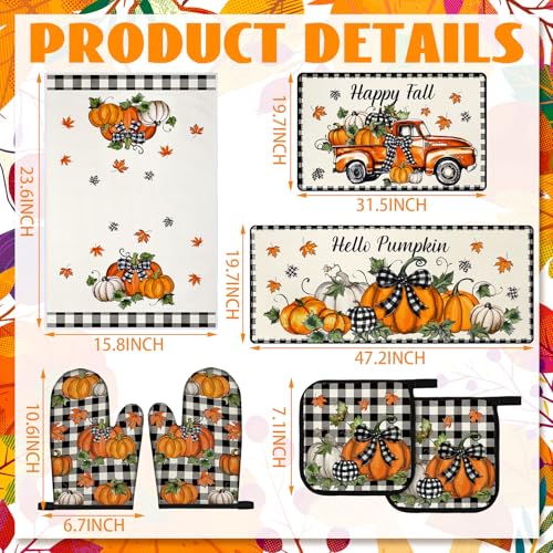 10-Piece Fall Kitchen Decor Set: Pumpkin Oven Mitts, Pot Holders, Towels, Rugs