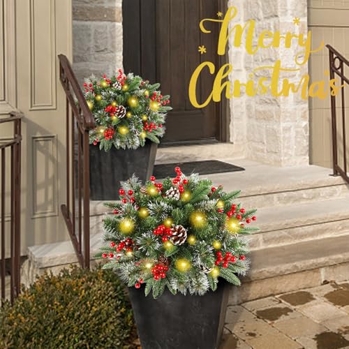 2 Pack Pre-lit Christmas Tree Urn Filler with Lights & Timer, Outdoor Artificial Pine Decor