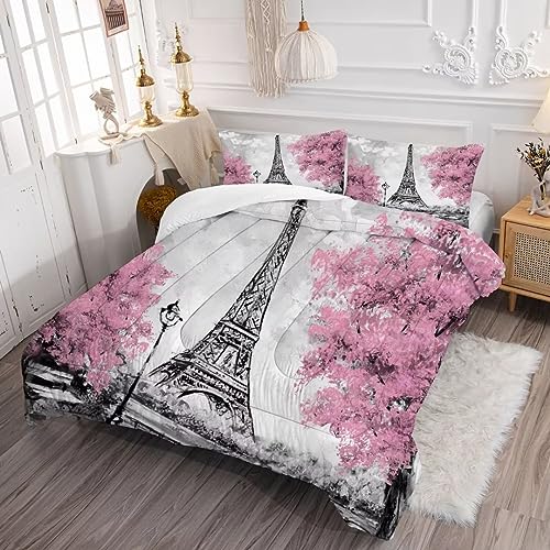 Pink Eiffel Tower Comforter Set Queen Size - French Style Bedding