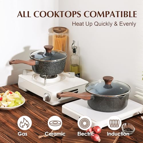 Nonstick Saucepan with Lid - 1.5 Quart Granite Small Cooking Pot for Induction
