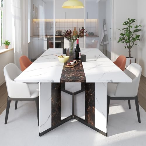 71-Inch Large Rectangular Dining Table, Modern Kitchen Table with Marble Look