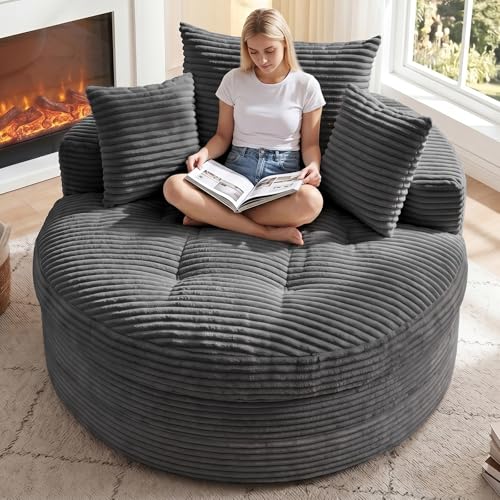 Oversized Corduroy Floor Chaise Lounge with Pillows and Ottoman