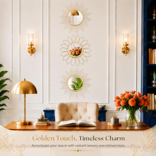 3-Piece Gold Sunburst Wall Mirror Set, Decorative Modern Metal Wall Art Decor