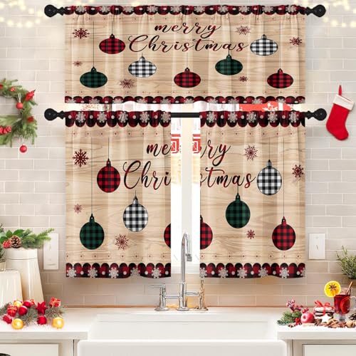 Christmas Kitchen Curtains with Valance, Red Gingham Plaid, 36 Inch - Red Ball Wood Variation