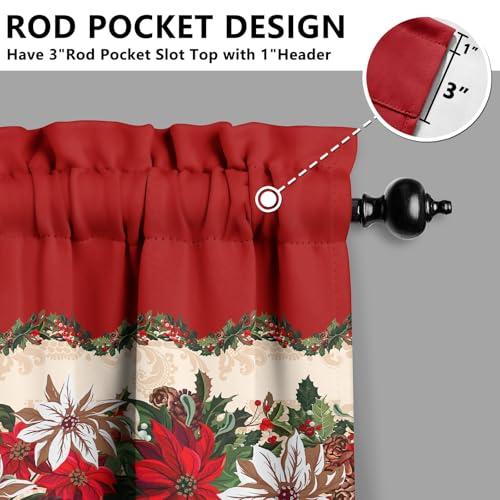 Red Christmas Flower Kitchen Curtains Set - Holiday Plaid & Snowflake Valances