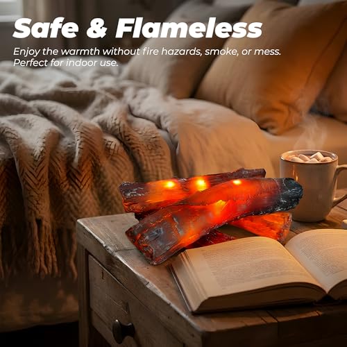 Fake Fireplace Logs 4 Pack - Flameless LED Fire Effect, 15.7 inch, Indoor Decor