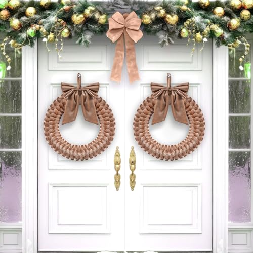 14-Inch Brown Velvet Christmas Wreath with Bow for Front Door Decor
