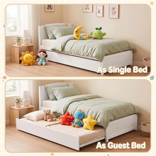 Solid Wood Twin Daybed with Pull-Out Trundle Bed, White Pine Frame