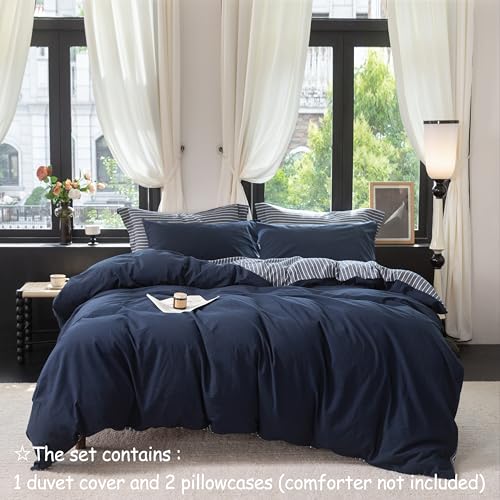 Reversible Navy Blue Striped Queen Duvet Cover Set - 100% Washed Cotton 3-Piece