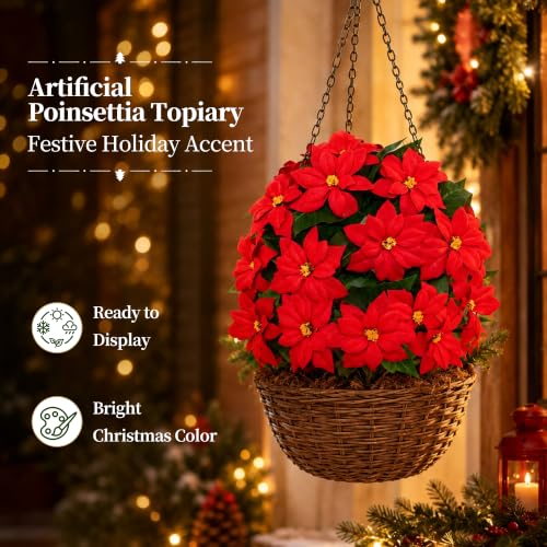 Grooy 2 Pack Christmas Artificial Topiary Balls with Poinsettia Flowers Outdoor