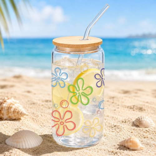 Mikopei 16oz Glass Cups with Lids & Reusable Straws, Beach Gift for Women & Men