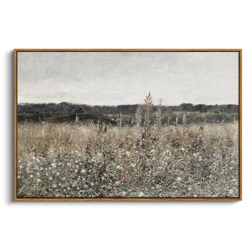 InSimSea Vintage Framed Canvas Wall Art Meadow Flowers Landscape 24"x36"