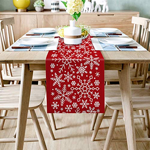 Christmas Snowflake Burlap Table Runner 13x120in - Red Holiday Home Decor