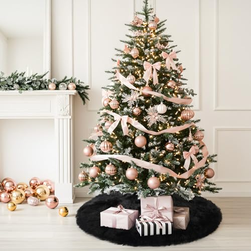 28 Inch Black Faux Fur Christmas Tree Skirt with Anti-Slip Backing
