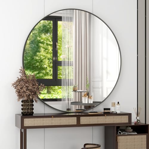 42-Inch Round Bathroom Mirror, Black Metal Wall-Mounted Circle Mirror