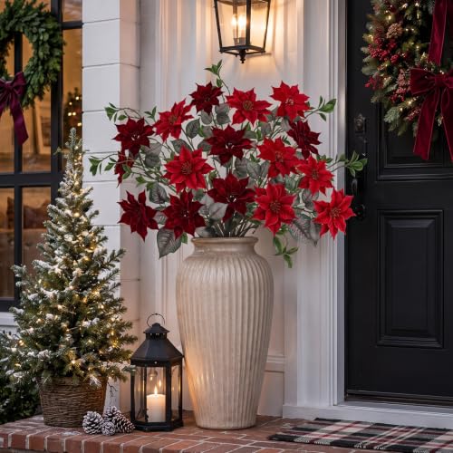 19-Piece 26in Christmas Poinsettia Flowers with Greenery Branches