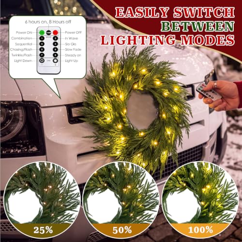 CraftyDream Norfolk Pine 13-Inch Christmas Car Wreath with Lights - Holiday Vehicle Decor