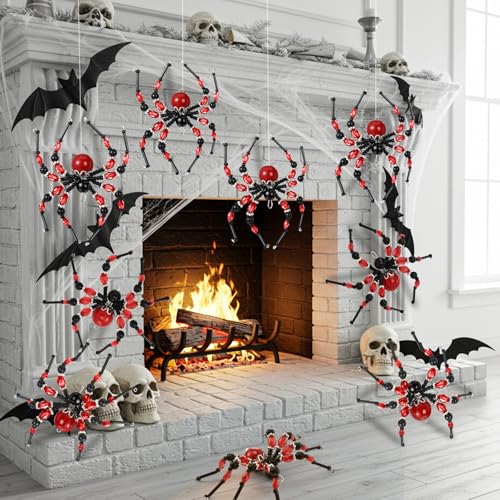 Reallnaive 8 pcs Red & Black Beaded Spider Halloween Hanging Ornaments