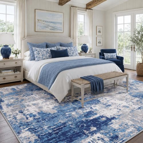 Washable Abstract Area Rug 5x7 Non-Slip Low-Pile Blue Gray Living Room Carpet
