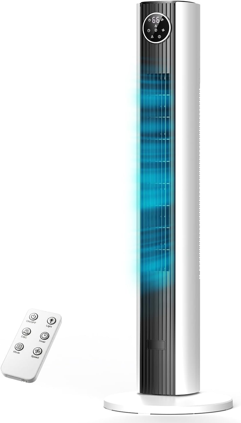 ZAFRO Tower Fan - 90° Oscillating Standing Fan with 4 Modes, 3 Speeds, 12H Timer | 36 Inches, Black & White