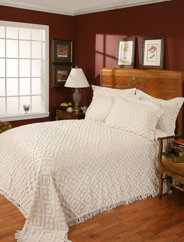 Diamond Tufted Chenille Bedspread - Queen Size - White