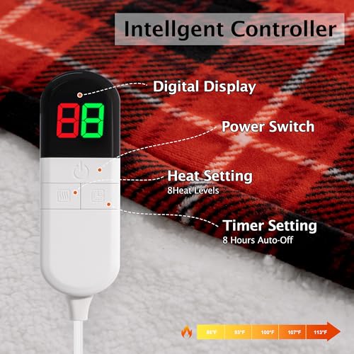 Electric Heated Blanket, Red Sherpa Plaid Throw, 8 Heat Levels